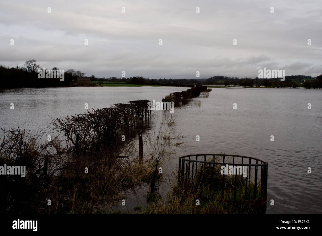 Champs submergés à Sawley, Lancashire après la tempête Desmond. Banque D'Images