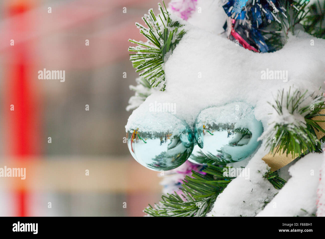 Décorations de Noël close-up snow boules vertes piscine Banque D'Images