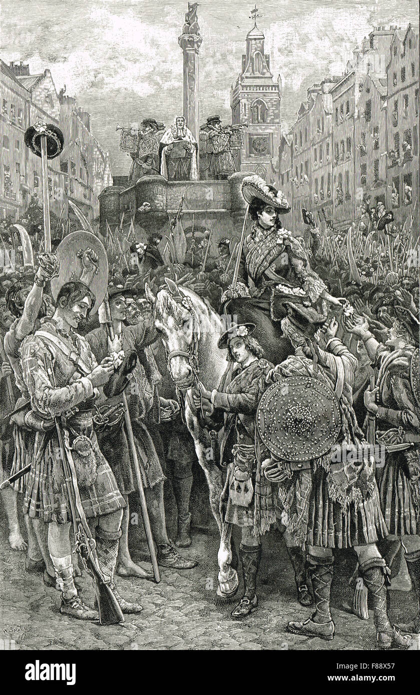 Proclamation de l'vieux prétendant que James viii au Mercat cross, Édimbourg 1745 Banque D'Images