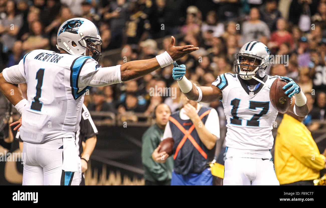 La Nouvelle-Orléans, Louisiane, Etats-Unis. 6e déc, 2015. LA Carolina Panthers, quarterback Cam Newton # 1 et le receveur des Panthers de la Caroline Devin Funchess # 17 célébrer un touchdown en NFL un match contre les Saints de la Nouvelle Orléans le 6 décembre 2015, à la Mercedes-Benz Superdome à La Nouvelle-Orléans, Louisiane. Les Panthère défait les Saints 41-38. Margaret Bowles/CSM/Alamy Live News Banque D'Images