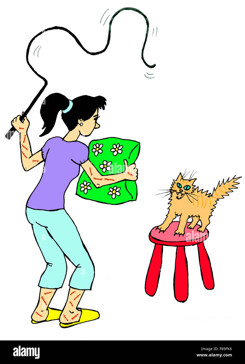 Femme Apprivoiser Son Chat Avec Un Fouet Et Un Coussin L Illustration Photo Stock Alamy