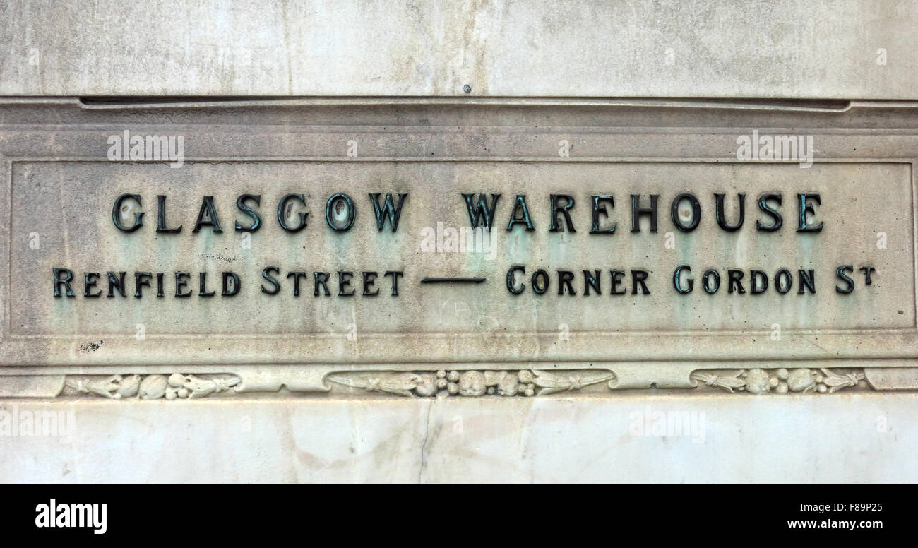 Entrepôt de Glasgow Renfield Street Corner Gordon St signe à Jenners Store, Édimbourg, Écosse Banque D'Images