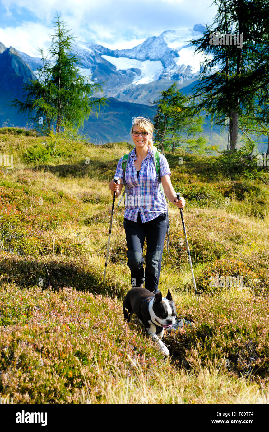 Randonnées femme avec chien Boston Terrier à Trail en montagnes des Alpes Banque D'Images