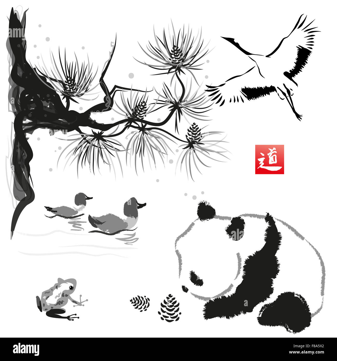 Carte avec l'oiseau en cèdre et panda. À la main avec de l'encre. La peinture japonaise traditionnelle. Hiéroglyphe '' Banque D'Images