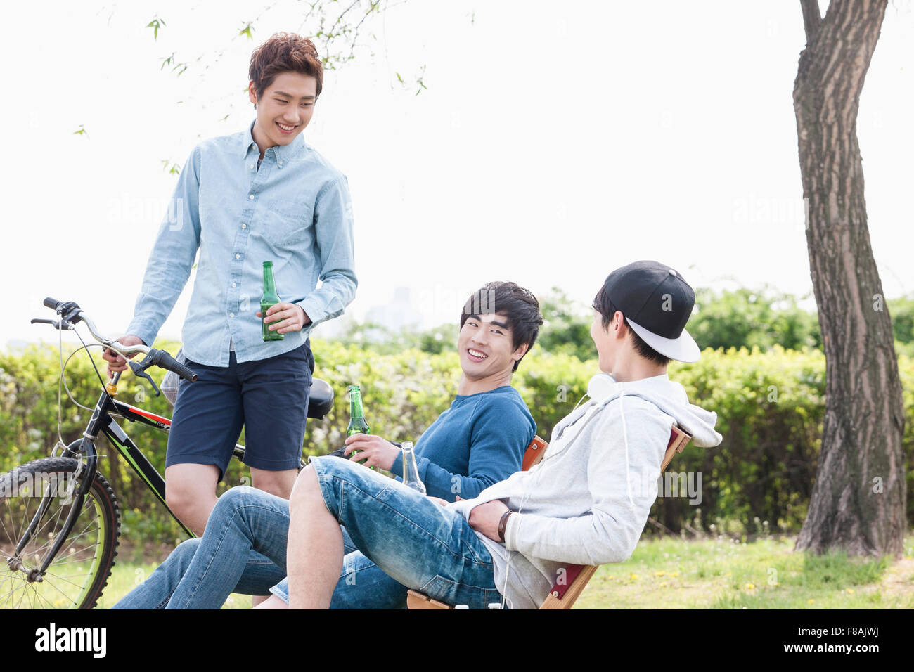 Trois jeunes hommes s'amuser au parc holding beer bottles Banque D'Images