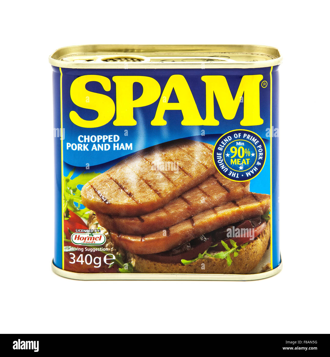 Boîte de Spam de porc haché et le jambon sur un fond blanc Banque D'Images