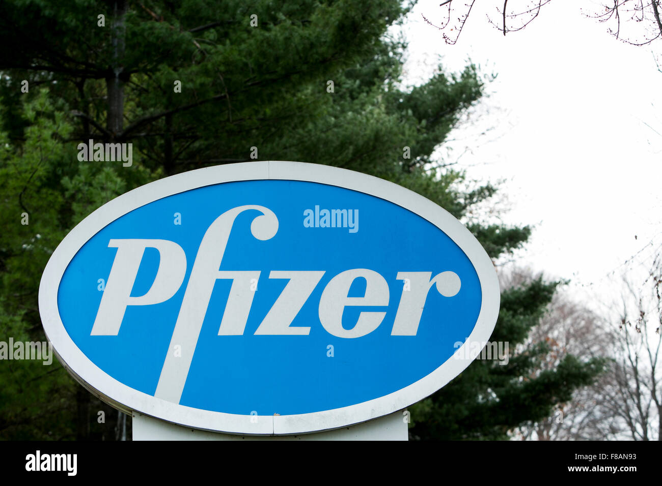 Un logo affiche à l'extérieur d'un établissement occupé par Pfizer, Inc., à Parsippany, New Jersey le 22 novembre 2015. Banque D'Images