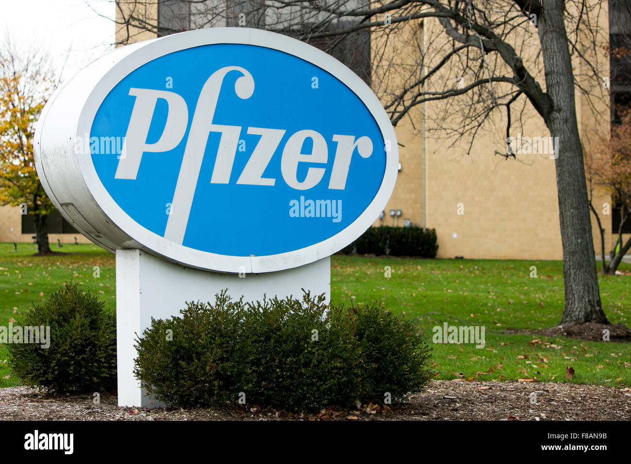 Un logo affiche à l'extérieur d'un établissement occupé par Pfizer, Inc., à Parsippany, New Jersey le 22 novembre 2015. Banque D'Images