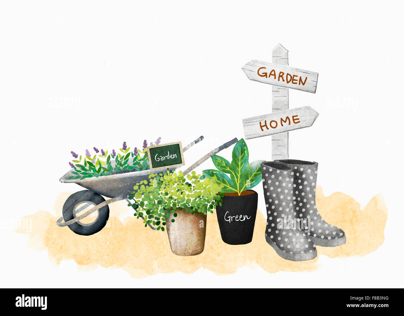 Jardinage écologique avec des fleurs, des plantes, des pots, des castrats, signes et bottes, aquarelle Banque D'Images