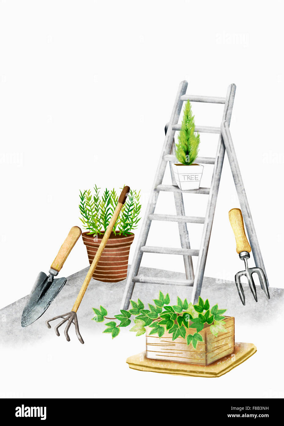 Jardinage écologique avec échelle, palnts, pots, la truelle, le râteau et boîte de bois, aquarelle Banque D'Images