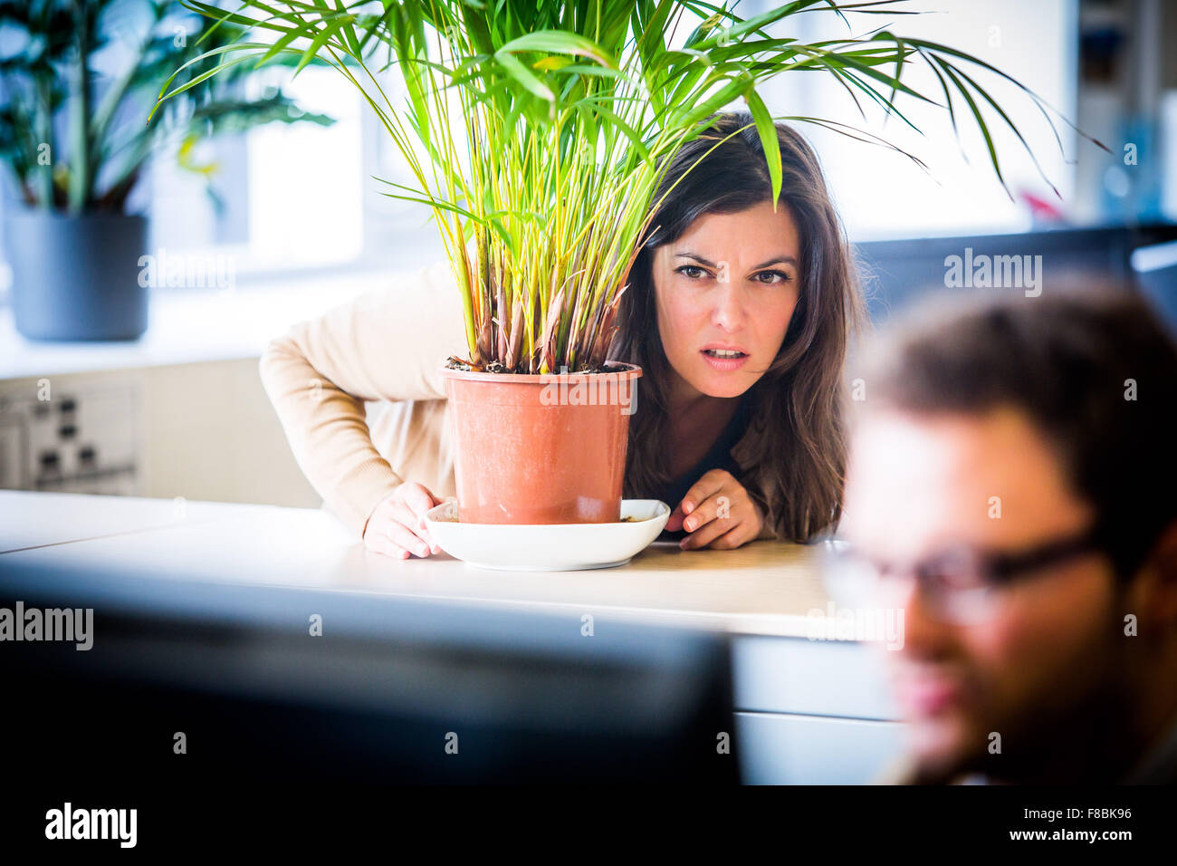 Femme regardant son collègue dans le bureau. Banque D'Images