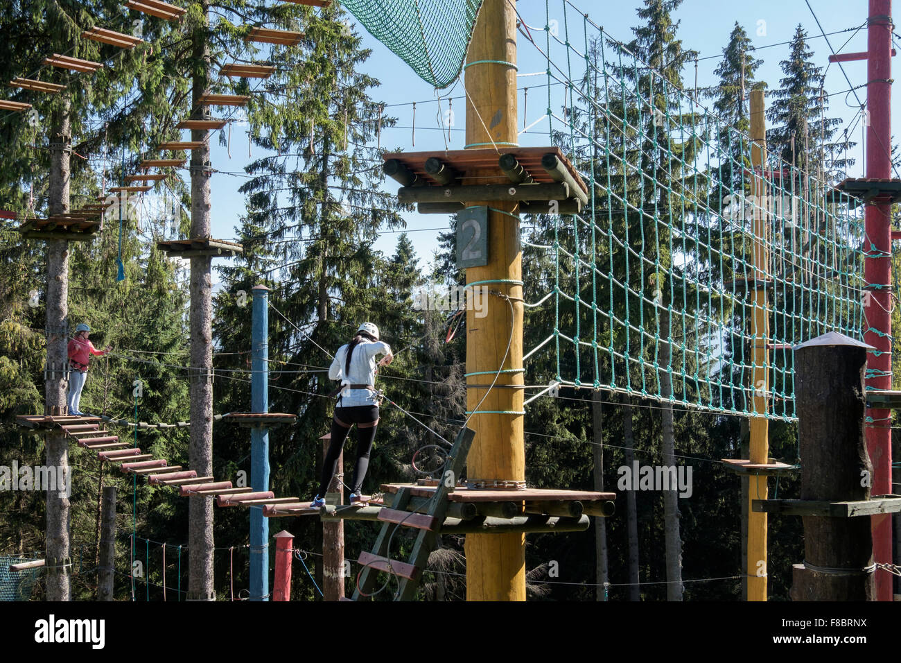 Deux filles sur Trollandia Highwire Park aerial ropeway et course d'obstacles. Montagne Gubalowka, Zakopane, Pologne, comté de Tatra Banque D'Images