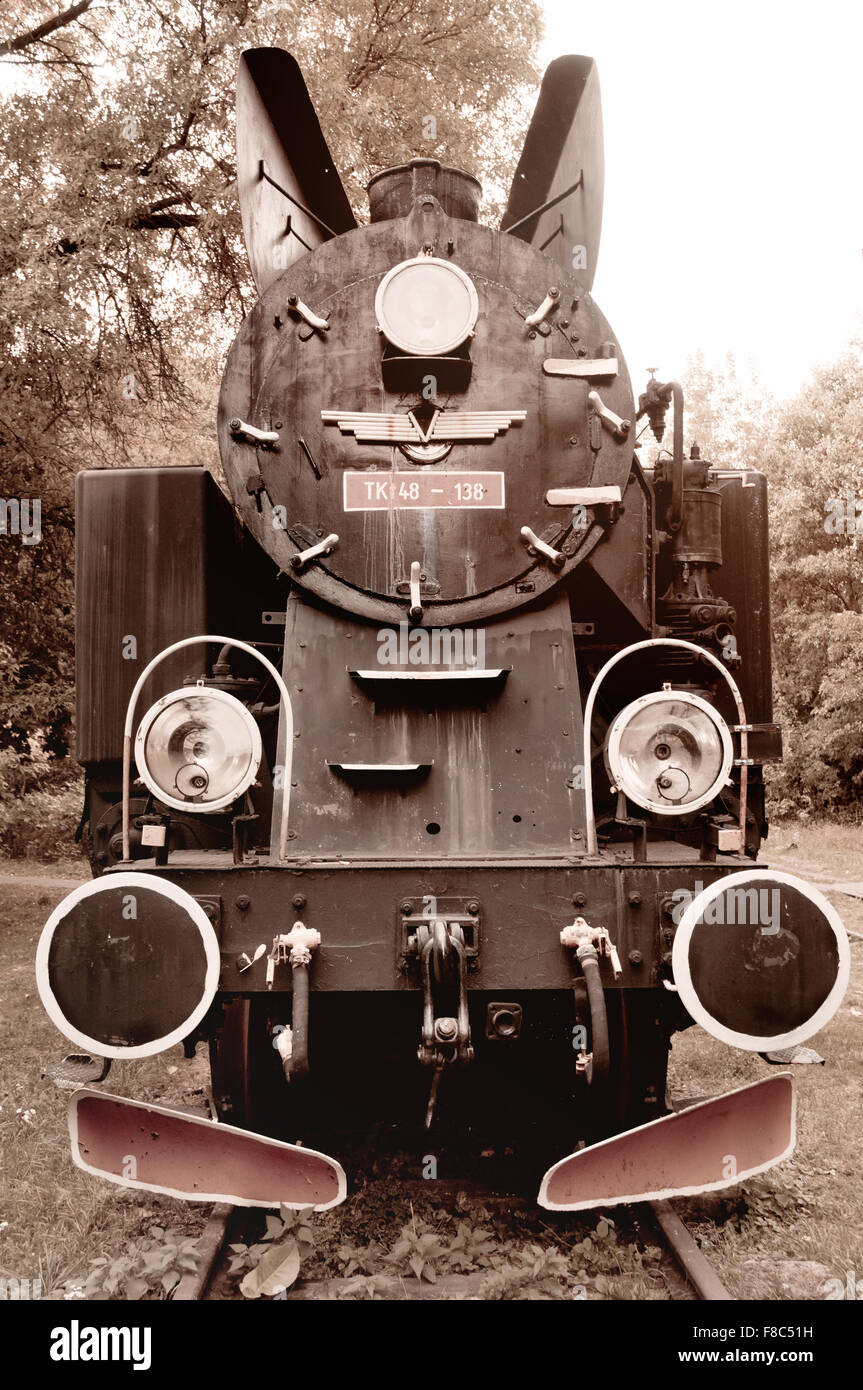 Sépia locomotive antique, vieille fonte CHOO CHOO bec, TKt, Polonaise Fablok moteur de fer, cheval de fer du véhicule Banque D'Images