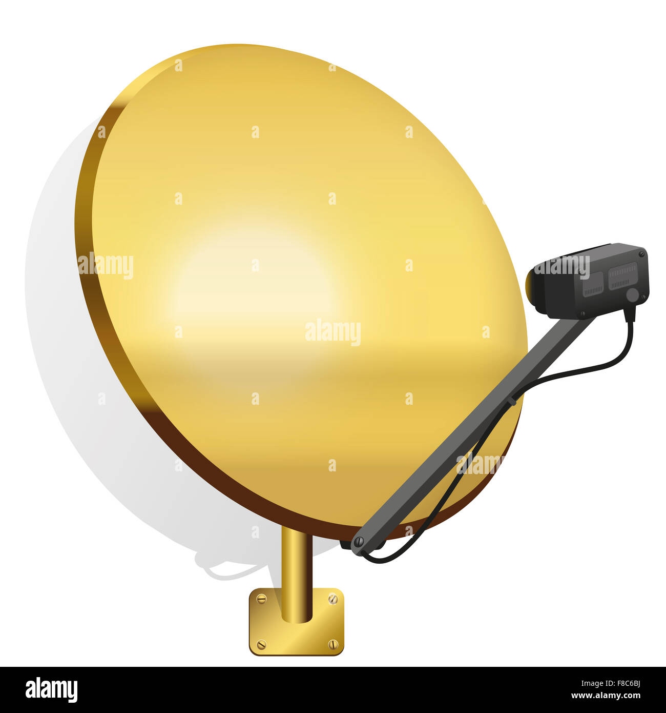 Golden satellite dish pour recevoir des signaux de télévision, radio, internet. Illustration sur fond blanc. Banque D'Images