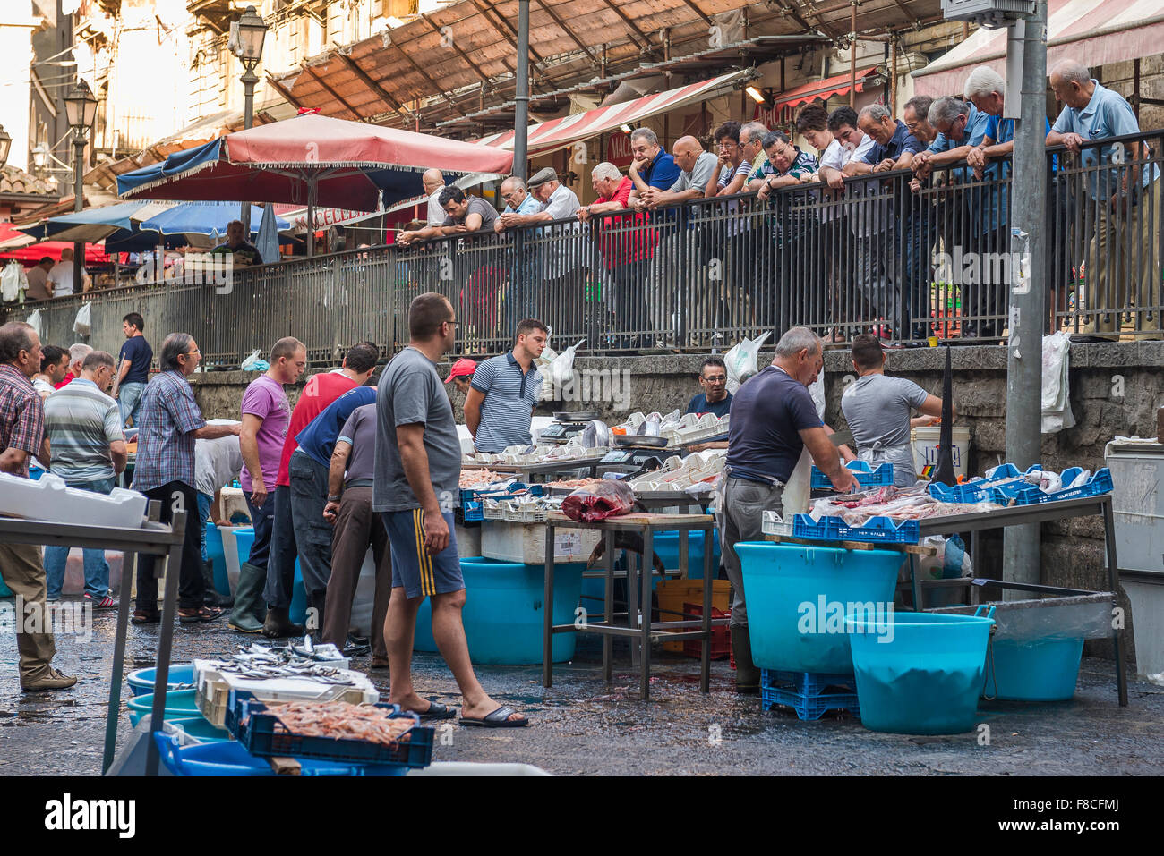 Marché aux poissons de Catane, vue de personnes regardant sicilienne poisson pour la vente sur un matin occupé dans le marché aux poissons de Catane, Sicile. Banque D'Images