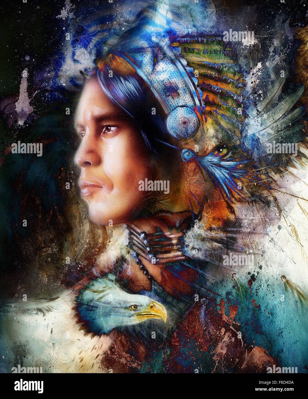 Jeune Peinture Guerrier Indien Portant Une Coiffe De Plumes Magnifiques Et L Aigle Avec Tiger Portrait De Profil De Couleurs Abstraites Backg Photo Stock Alamy