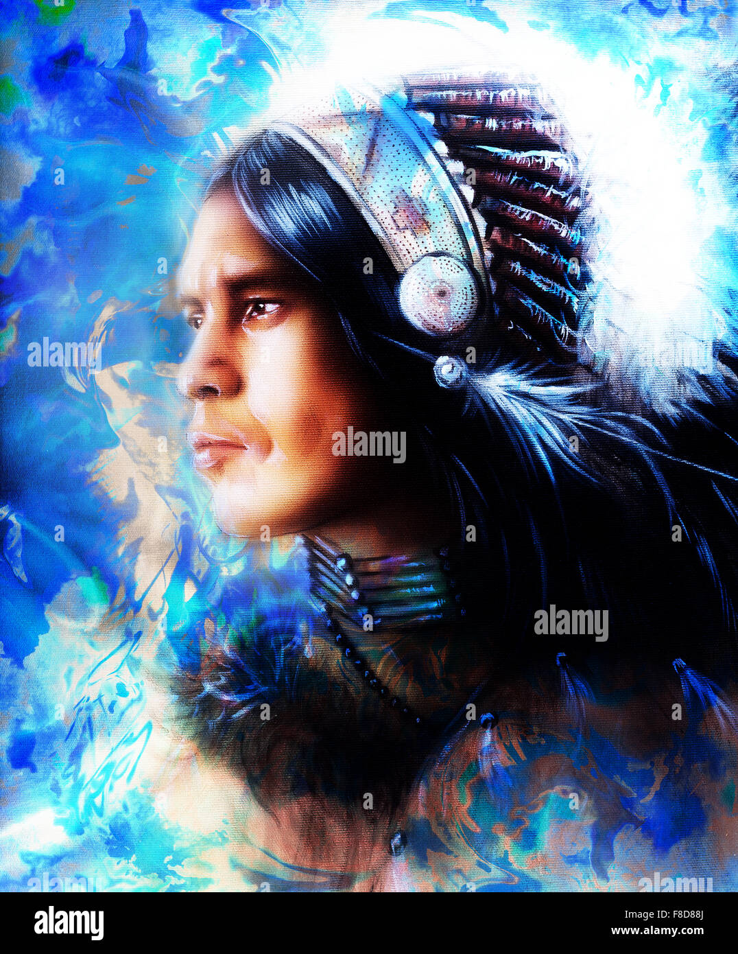 Magnifique Tableau D Un Jeune Guerrier Indien Portant Une Coiffe De Plumes Magnifique Portrait De Profil L Arriere Plan Couleur Resume R Photo Stock Alamy