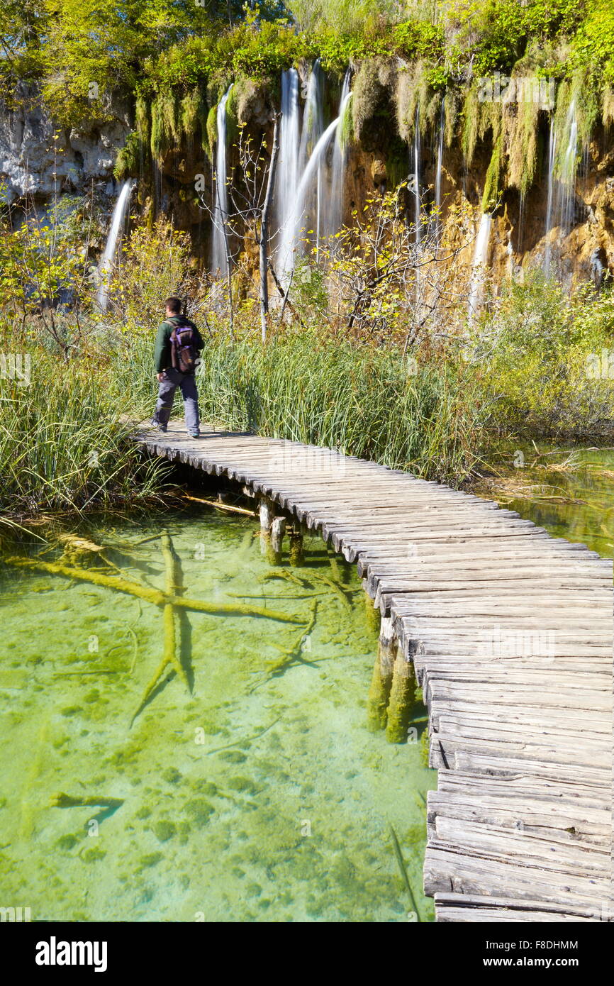 Sentier de randonnée touristique dans le parc national des Lacs de Plitvice, Croatie, Europe Banque D'Images