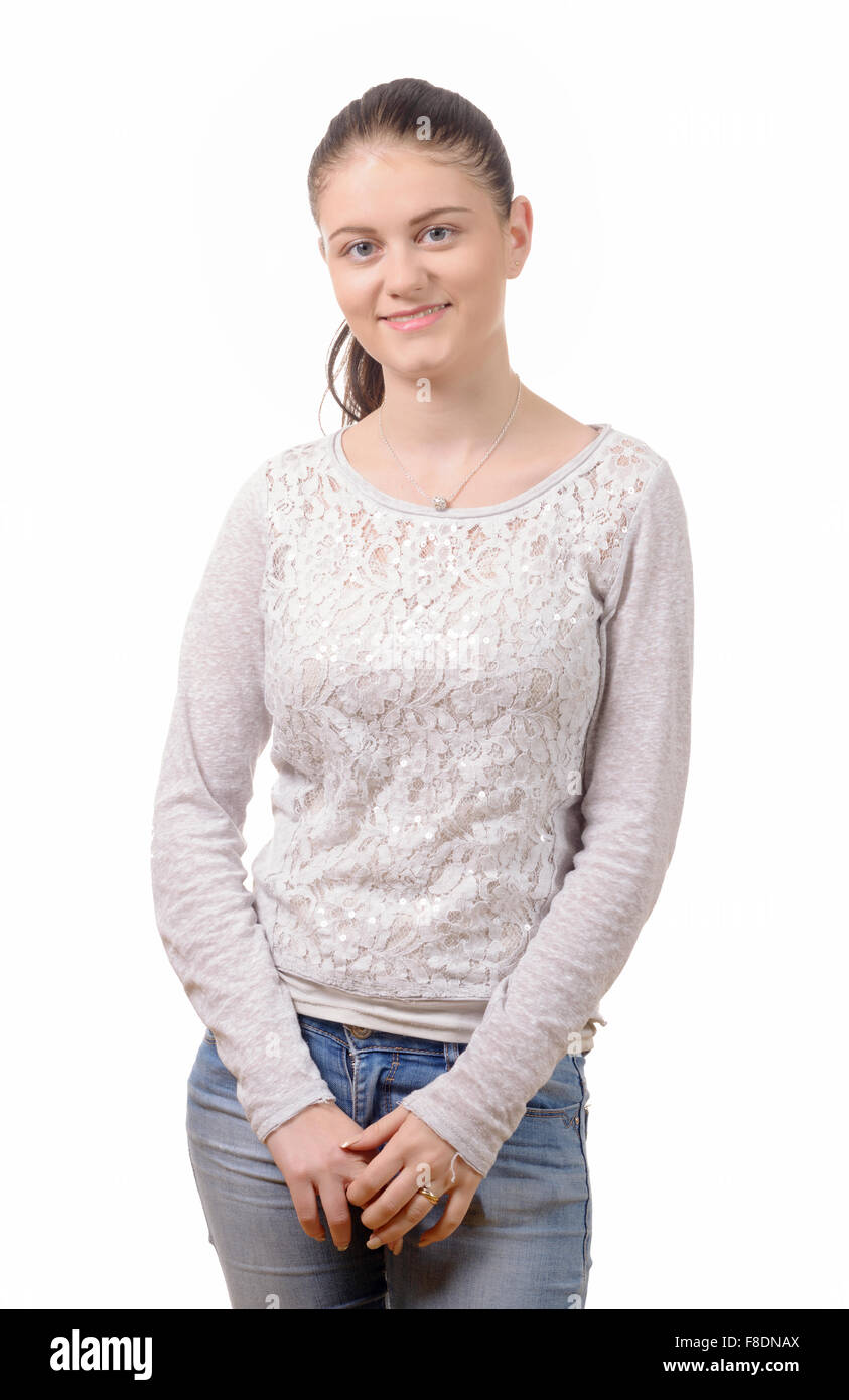 Une jeune femme avec cheveux attaché isolé sur fond blanc Banque D'Images