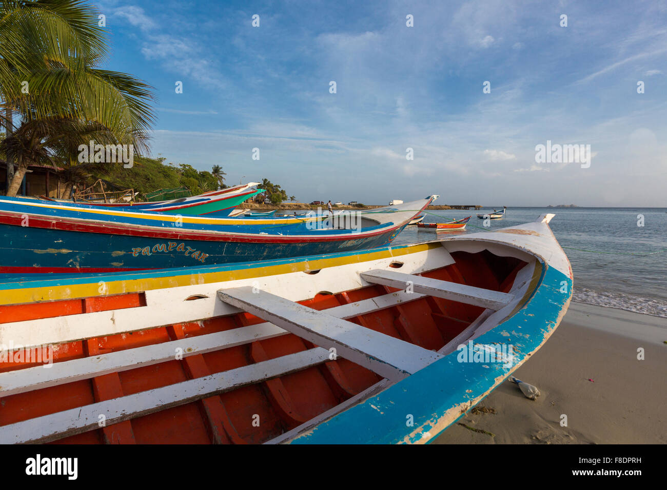 Bateaux de pêche en bois coloré alignés sur la plage Banque D'Images