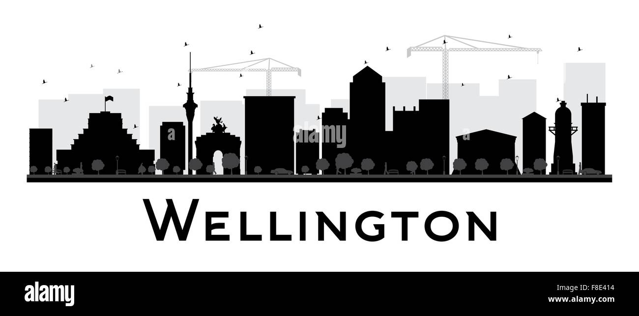 Wellington City skyline silhouette noir et blanc. Vector illustration. Concept simple pour le tourisme, la bannière de présentation Illustration de Vecteur