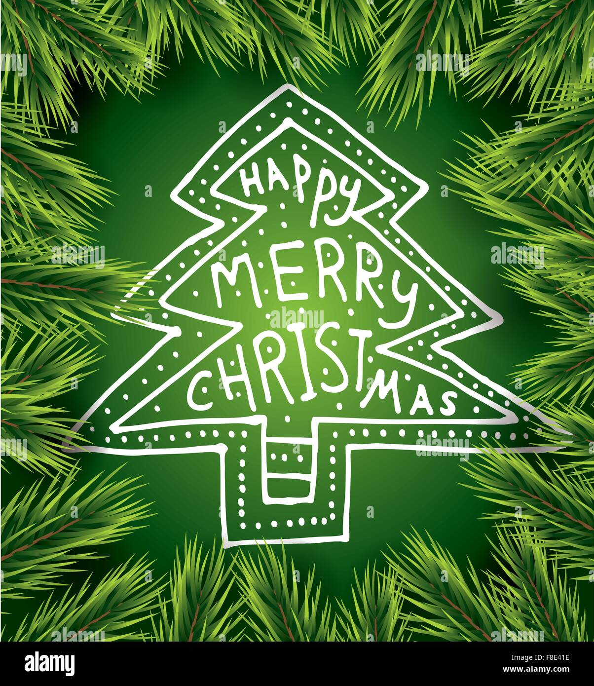 Carte de Noël avec l'arbre blanc sur fond vert et de pommes. Invitation Nouvel An. Vector illustration. Fête de Noël Illustration de Vecteur