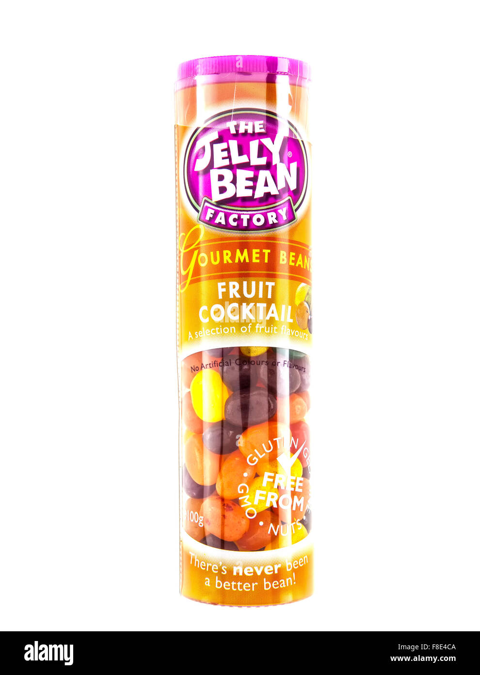 Le tube de "Jelly Bean Factory' Haricots gastronomique, cocktail de fruits sur un fond blanc. Banque D'Images