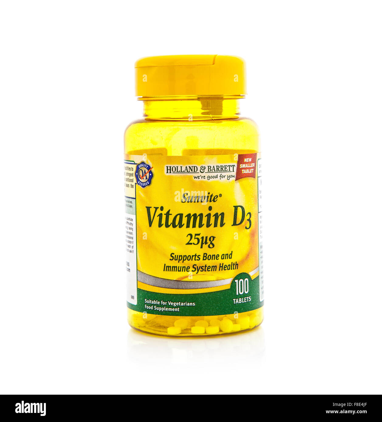 Contenant de la vitamine D sur un fond blanc Banque D'Images