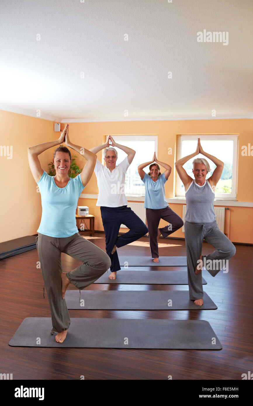 Groupe de yoga dans une salle de sport faire Vrikshasana exercice (l'arbre) Banque D'Images