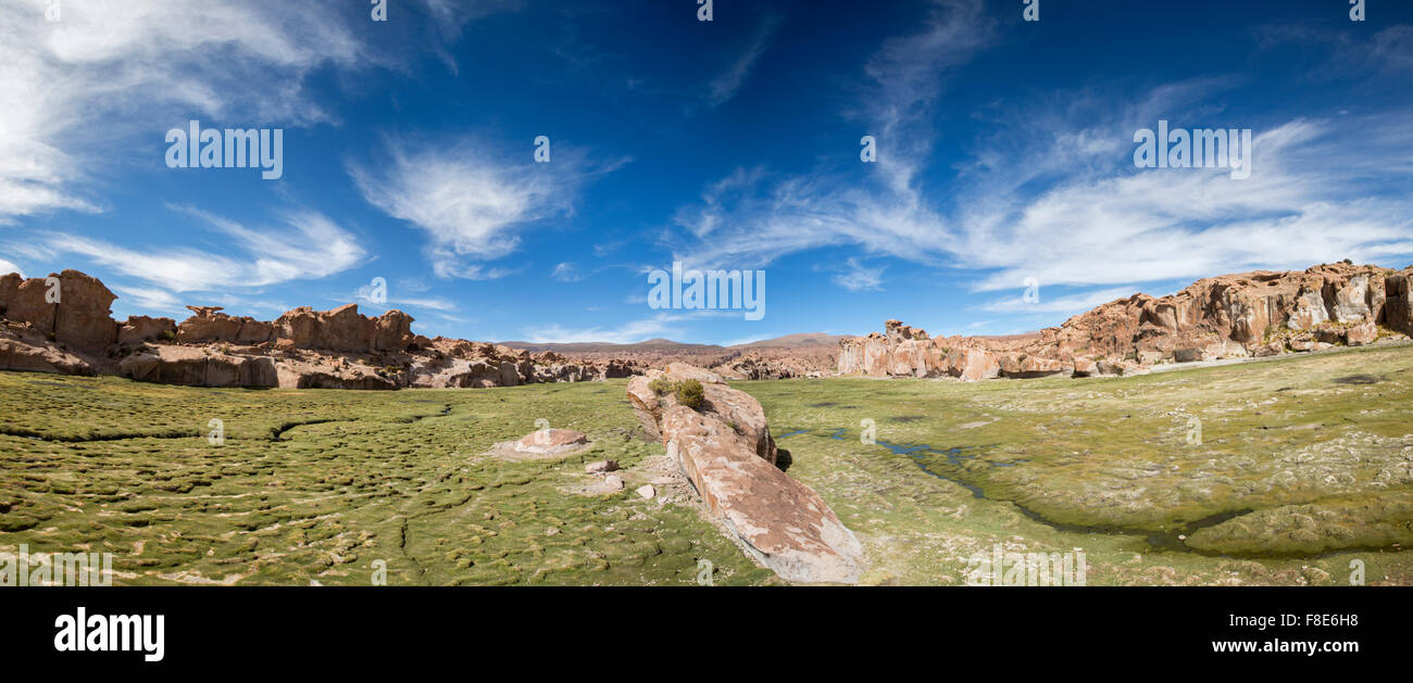 Panorama des formations de roche géologique avec forme contre un ciel bleu clair. La Bolivie Banque D'Images