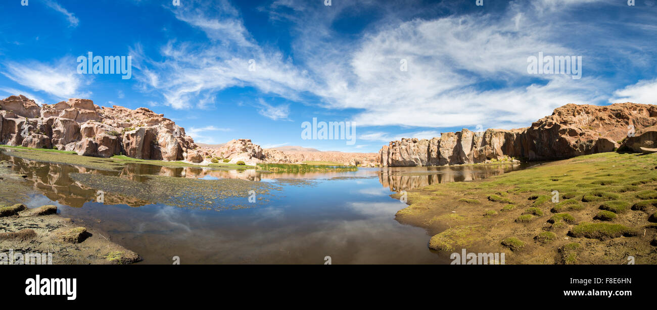 L'herbe verte et d'étranges formations géologiques, contre un ciel nuageux ciel bleu clair en Bolivie. Monument à proximité de la frontière du Chili Banque D'Images