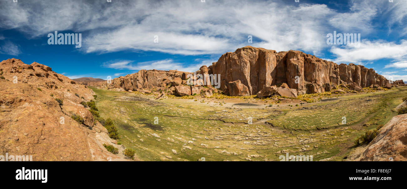 L'herbe verte et d'étranges formations géologiques, contre un ciel nuageux ciel bleu clair en Bolivie. Monument à proximité de la frontière du Chili Banque D'Images