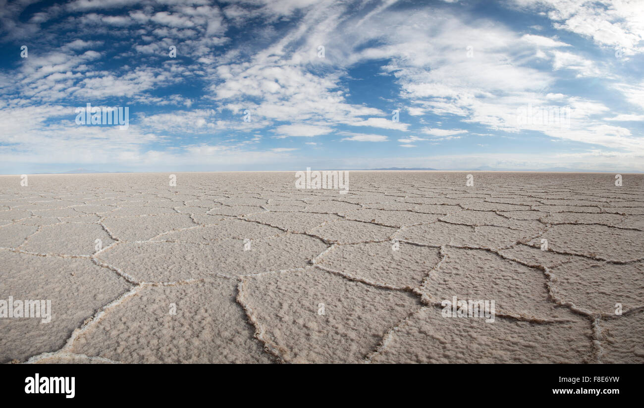 Vue sur le Salar de Uyuni contre un ciel bleu à la saison sèche, les plaines de sel sont une télévision complètement étendue de sel sec. Banque D'Images