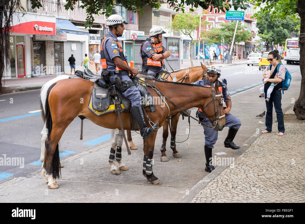 RIO DE JANEIRO, Brésil - 25 octobre 2015 : les chevaux de police stand by dans la rue à Ipanema en partie d'un boost de sécurité. Banque D'Images