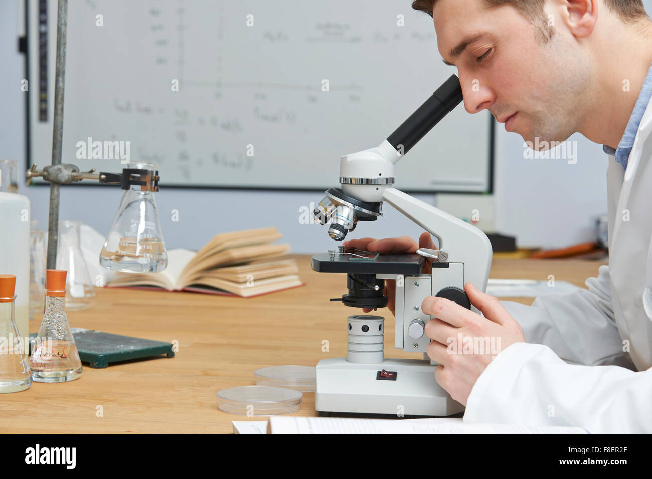 Homme désirant par microscope In Classroom Banque D'Images