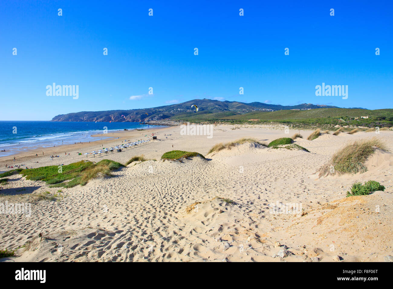 La plage de Guincho surf kite paysage. Cascais, près de Lisbonne, Portugal, Europe. Banque D'Images