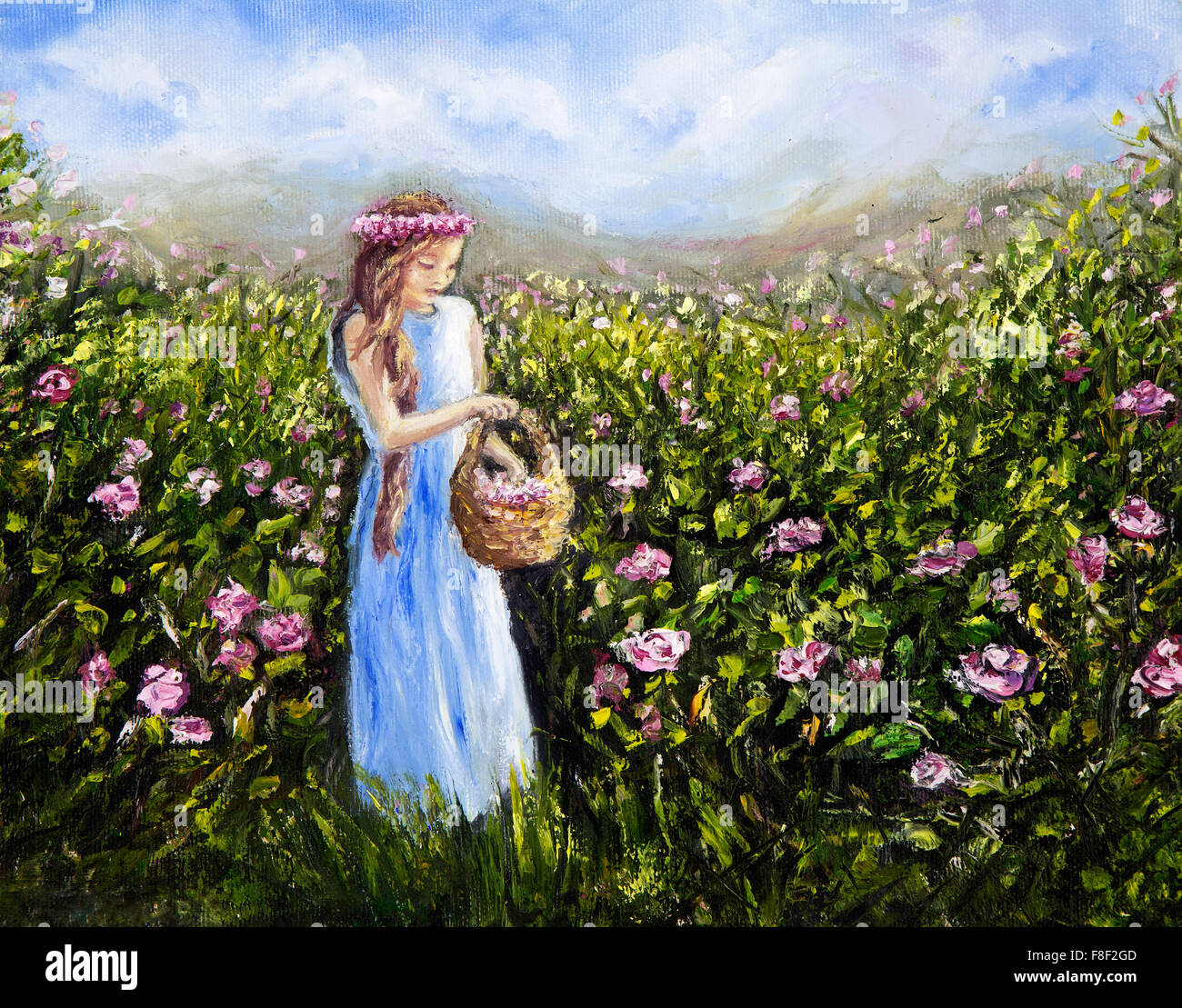 Peinture à l'huile originale montrant jeune femme ou girl picking flowers dans champ de fleur sur toile.impressionnisme moderne,modernisme,mar Banque D'Images