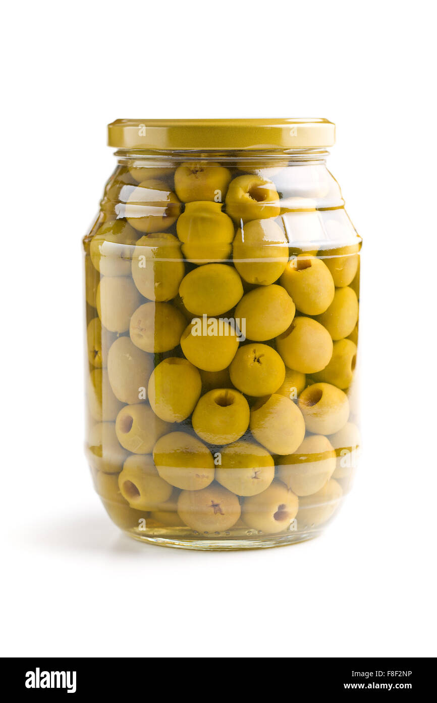 Olives vertes dénoyautées dans le jar Banque D'Images