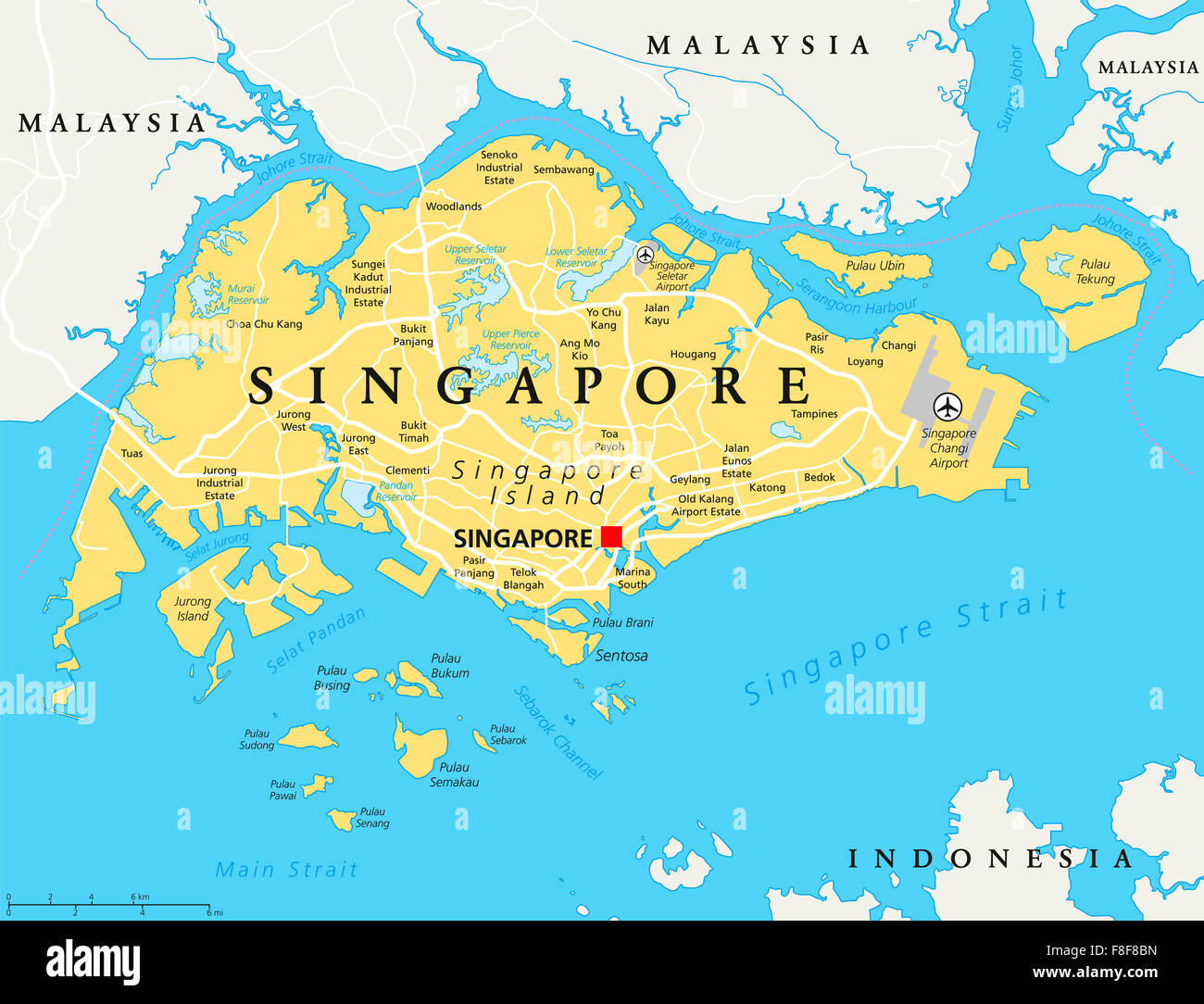 Carte politique de l'île de Singapour avec Singapour, capitale des frontières nationales et des villes importantes. English l'étiquetage et à l'échelle. Banque D'Images