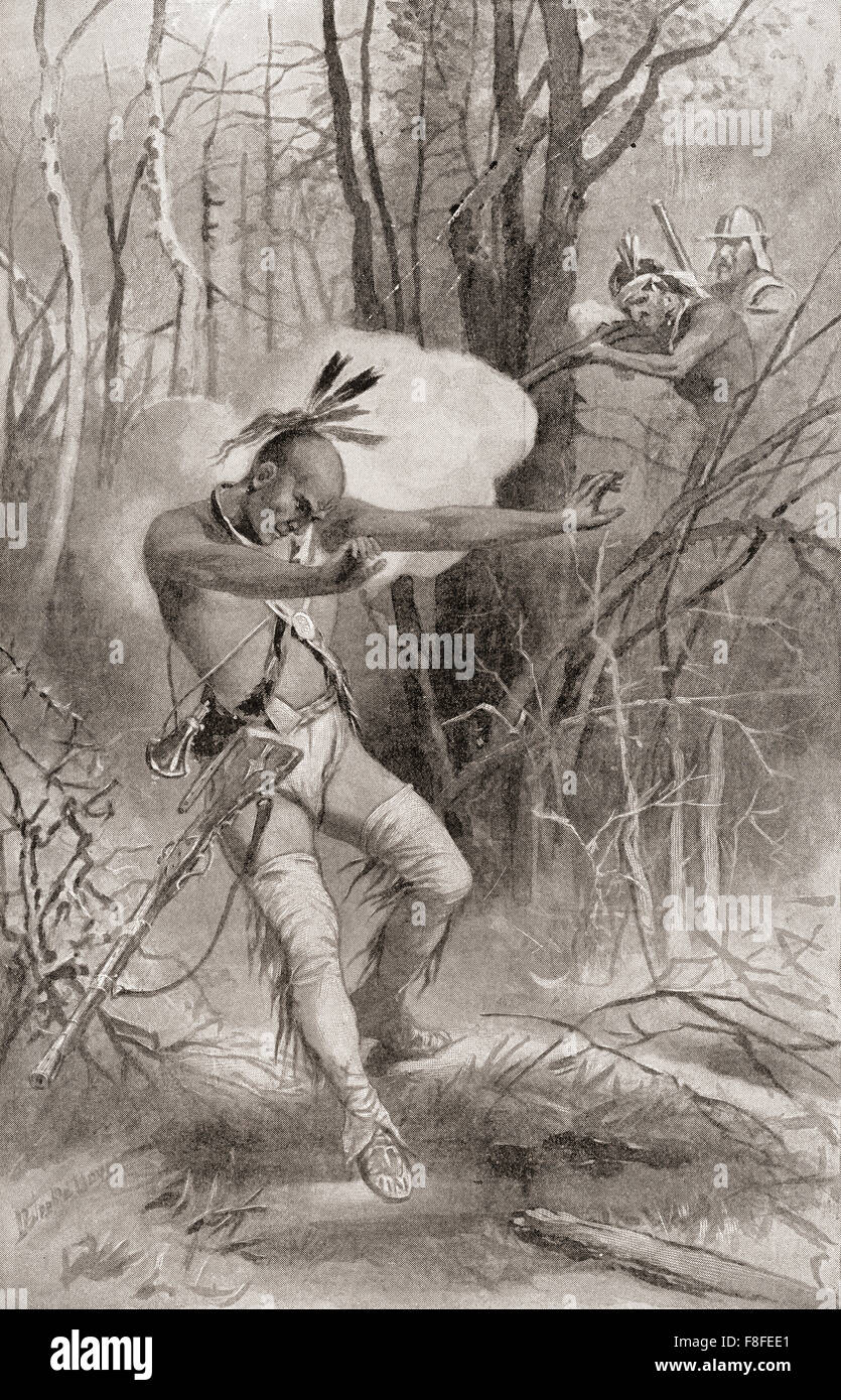 La mort de Metacomet, aka par son nom anglais le Roi Philippe, en 1676, durant la guerre du Roi Philippe, alias Première guerre indienne, la guerre, Metacomet Metacom's War, ou la rébellion Metacom. Metacomet, membre de la tribu Wampanoag Native American Indian. Banque D'Images