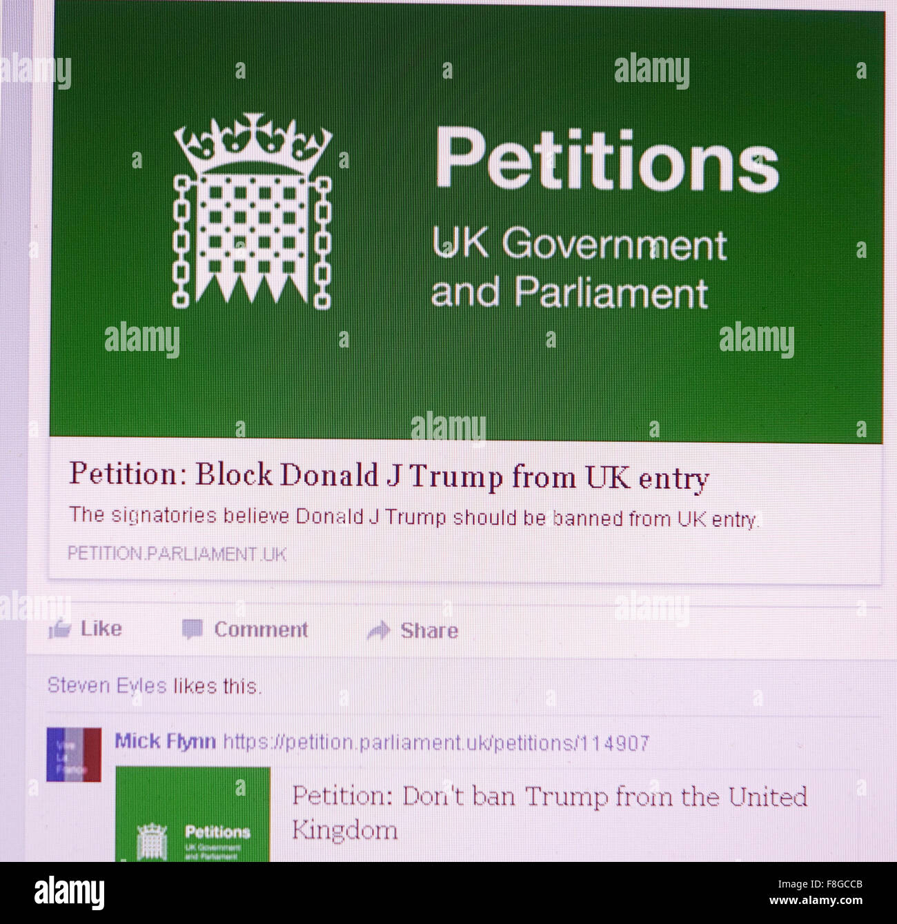UK. 10 Décembre, 2015. Une pétition en ligne pour le gouvernement britannique et le Parlement afin d'empêcher l'atout de Donald de visiter le Royaume-Uni a gagné plus de 350 000 signatures. Les utilisateurs de Facebook avec le partage de liens sur leurs pages. Il y a aussi une pétition pour permettre à l'atout de Donald dans le Royaume-Uni, même s'il n'est pas interdit de le faire. Credit : Mick Flynn/Alamy Live News Banque D'Images
