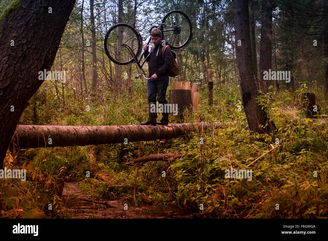 Caucasian man carrying bicycle on fallen tree Banque D'Images