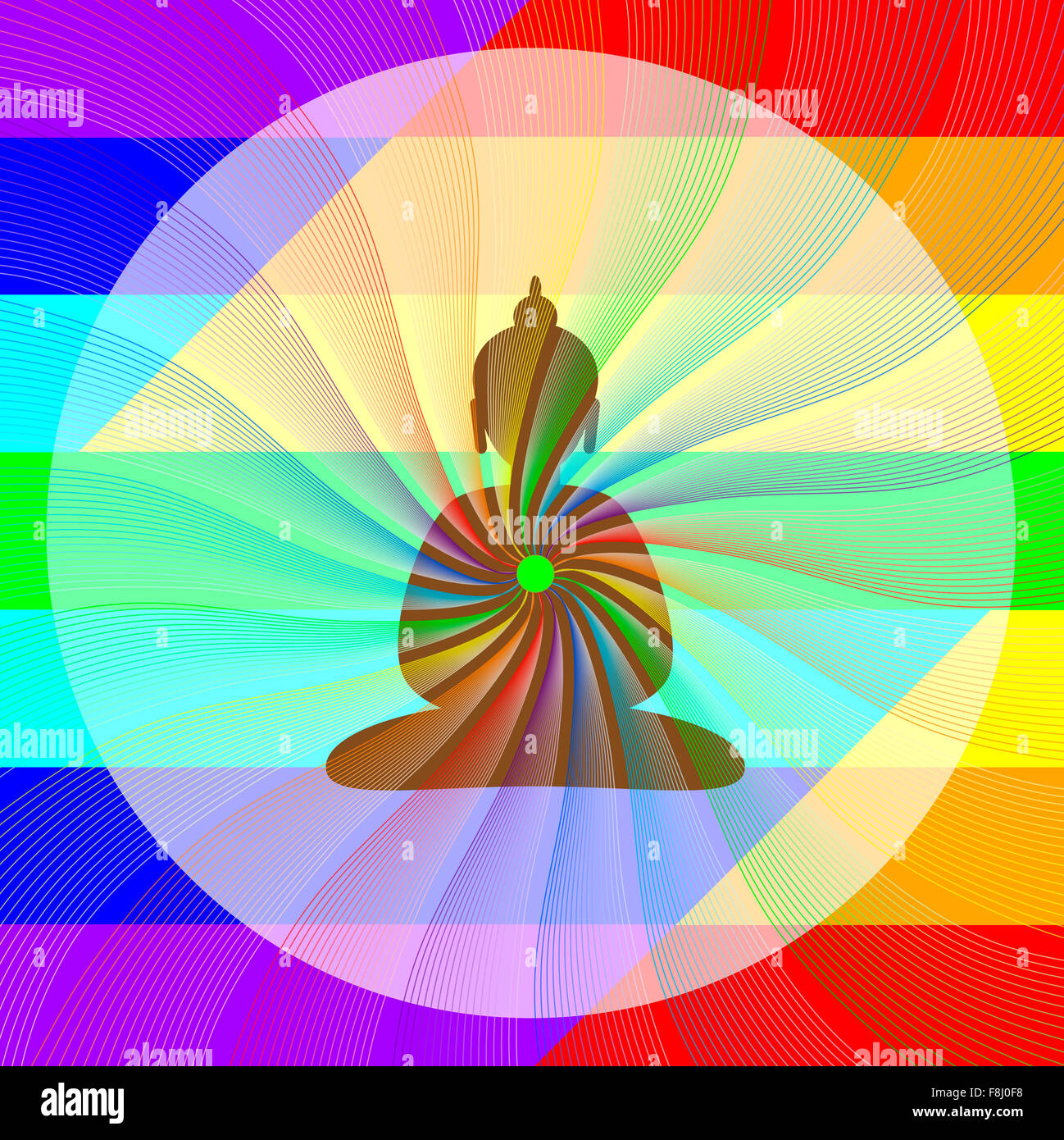 Bouddha en méditation avec vagues arc-en-ciel de son cœur Banque D'Images