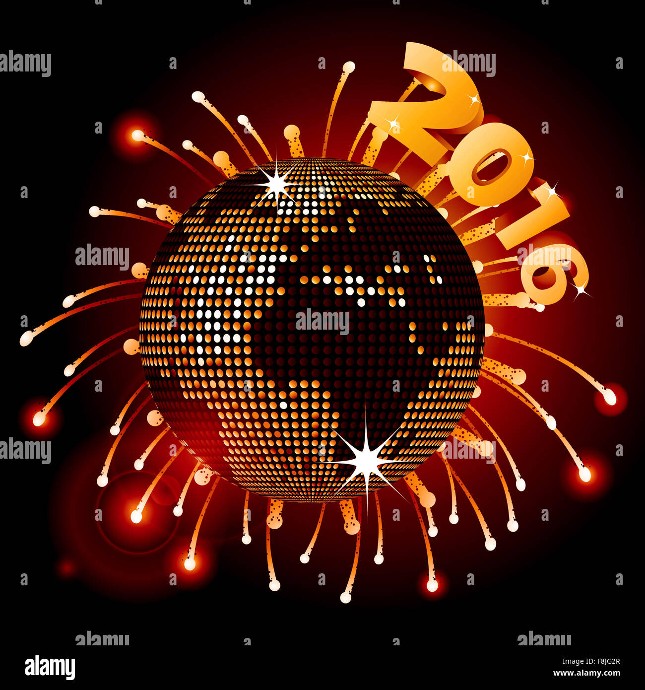 Carte du monde Disco Ball célébrant le Nouvel An 2016 Plus d'artifice Banque D'Images