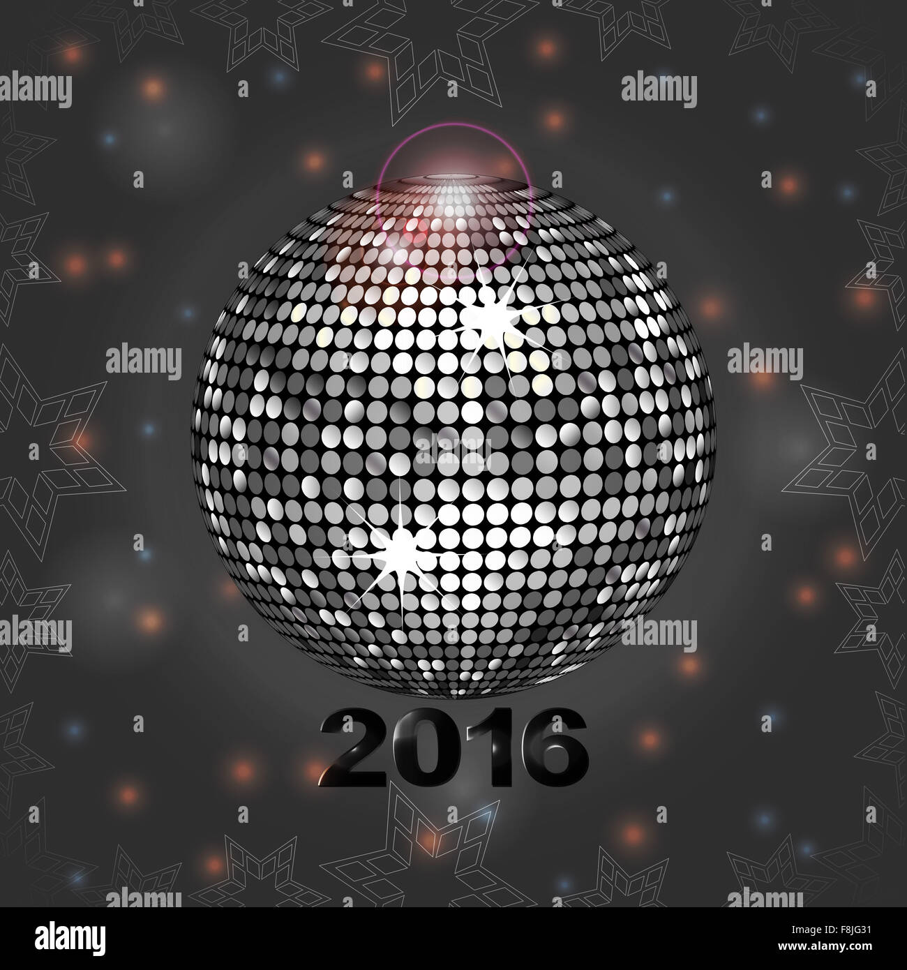 Fond gris lumineux festif avec boule disco Stars Frame et Lens Flare Banque D'Images