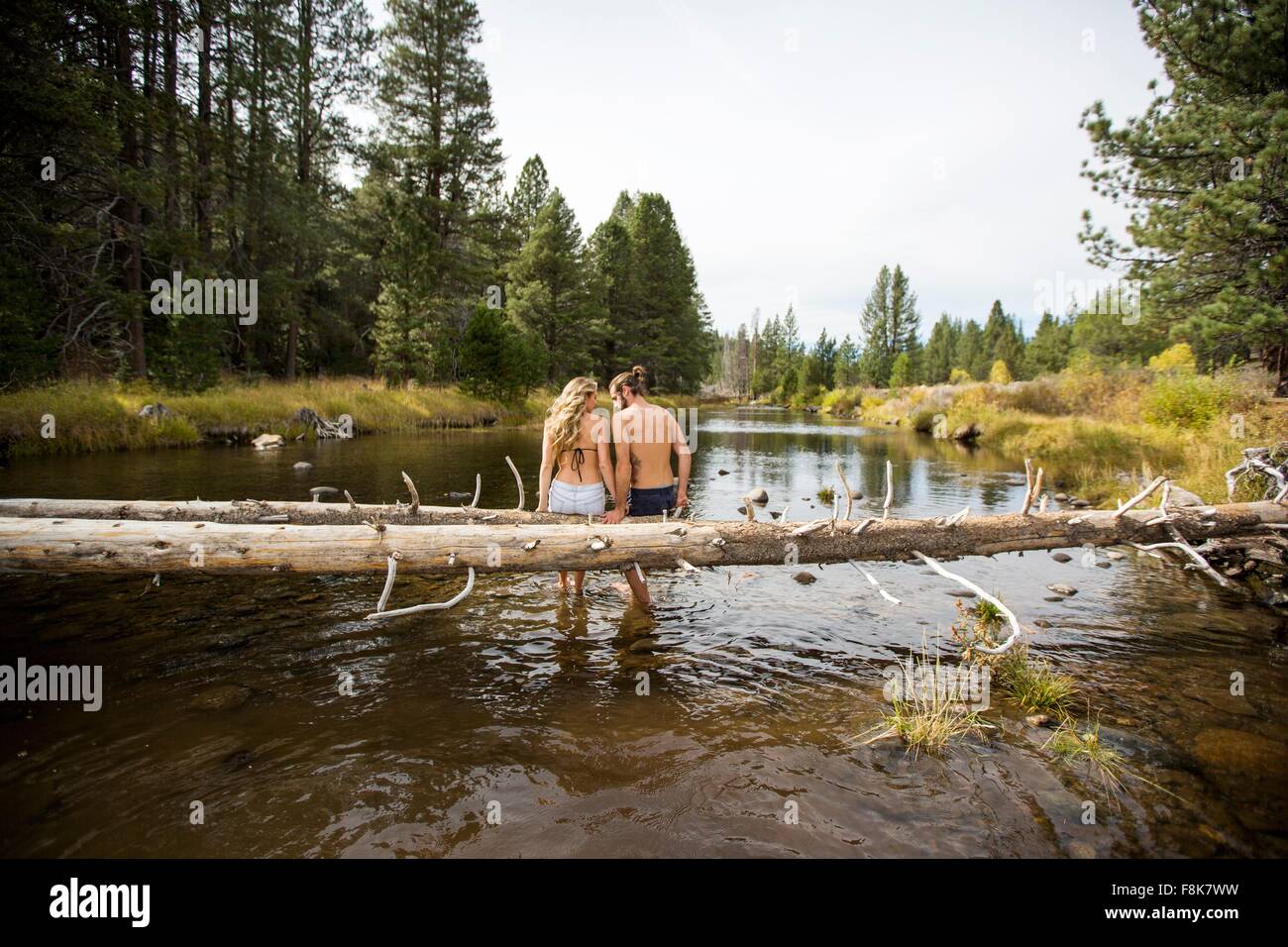 Vue arrière du couple assis sur un arbre tombé dans la rivière, lac Tahoe, Nevada, USA Banque D'Images