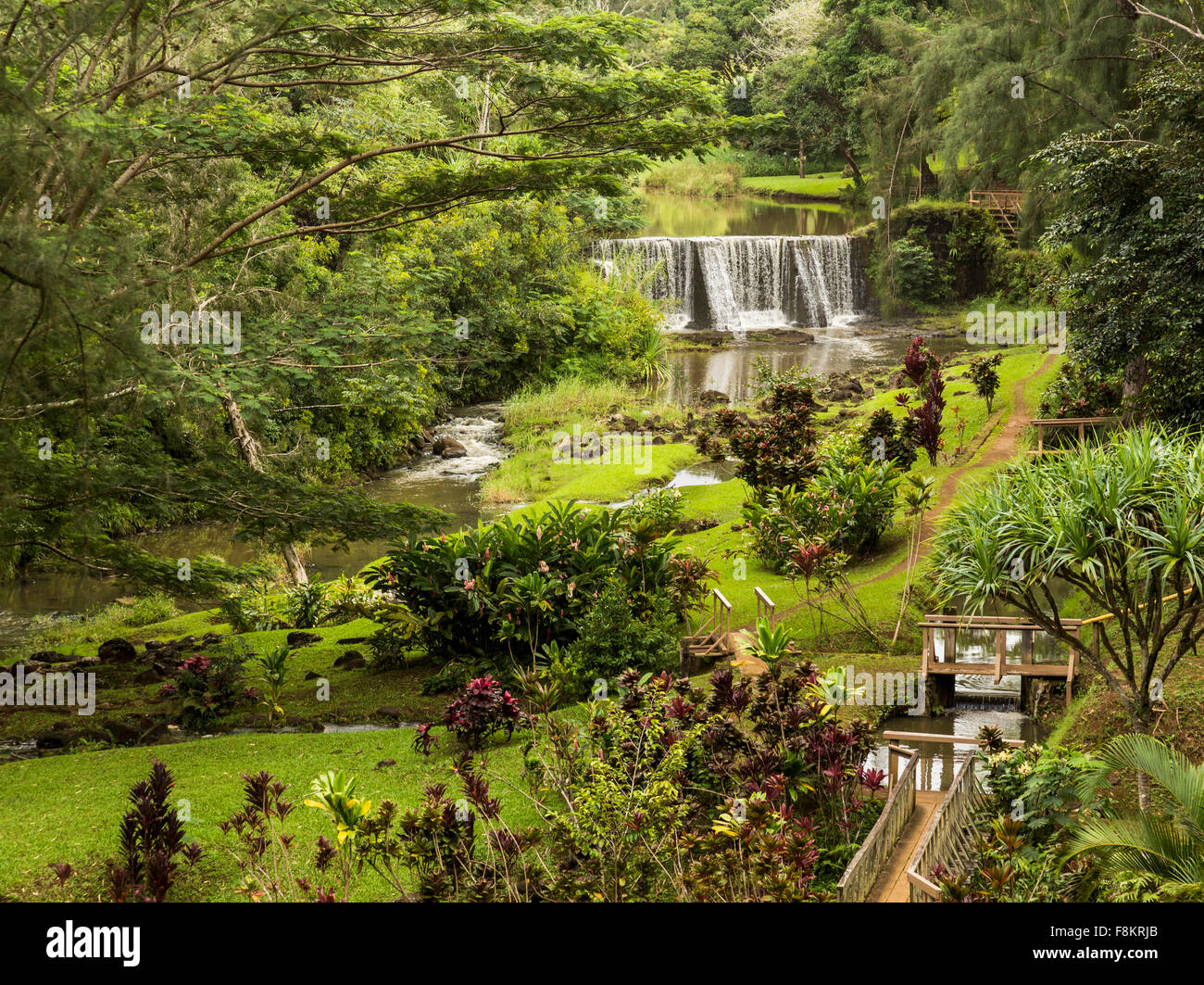 Wai Kai balades boucle / randonnée sentier mène au barrage en pierre historique utilisée pour irriguer une plantation sur Kauai, Hawaii Banque D'Images