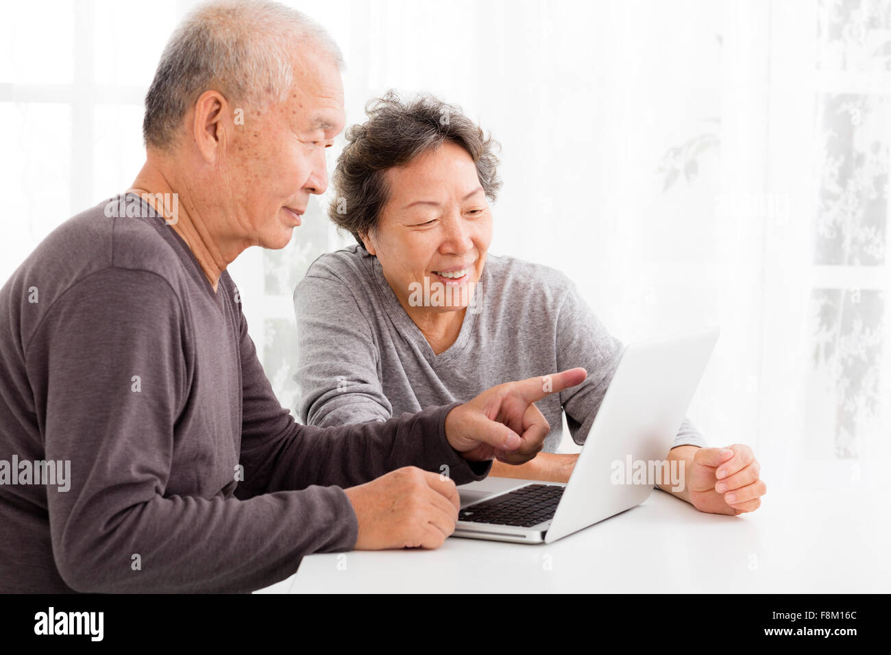 Happy Senior Couple Using Laptop in living room Banque D'Images