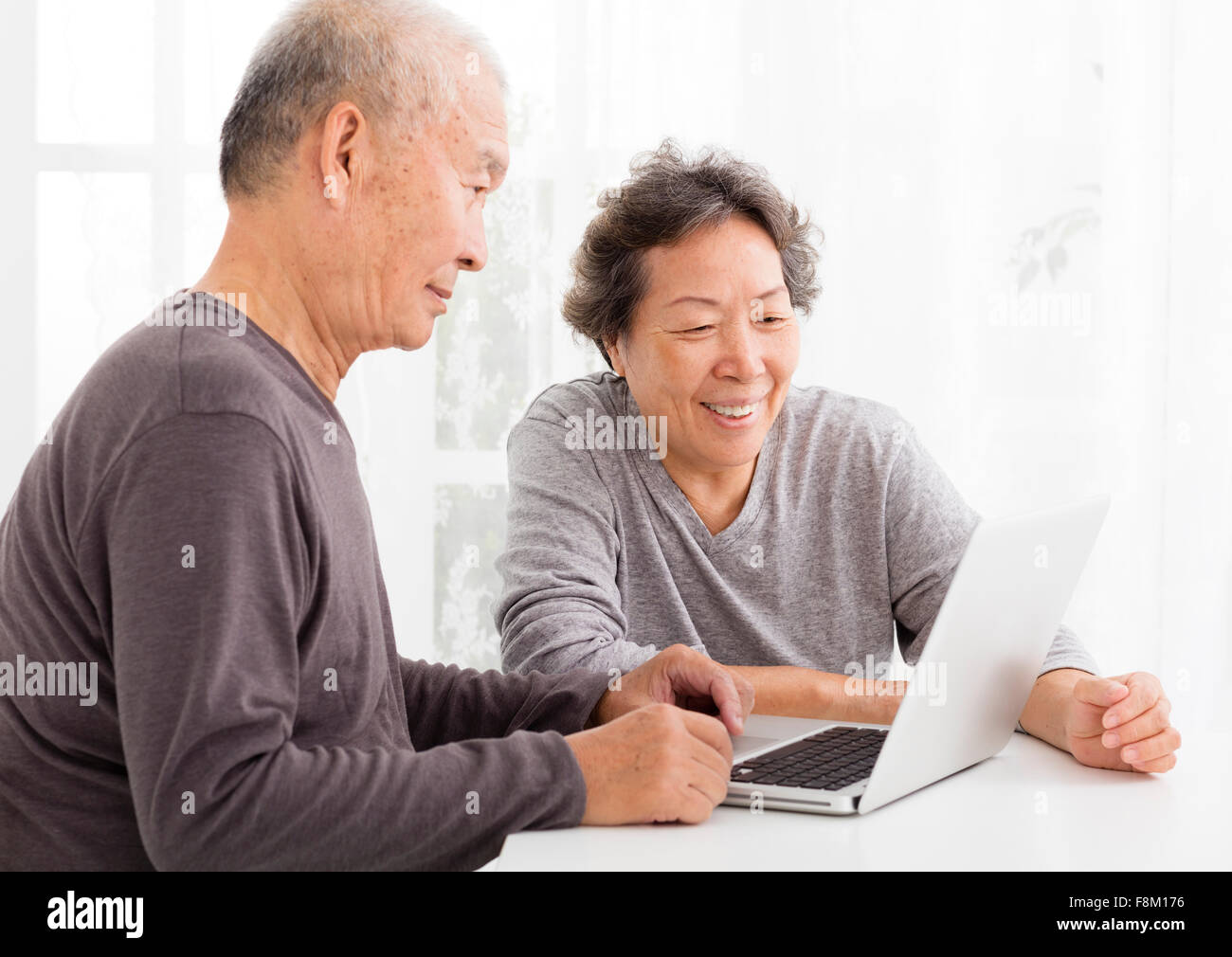 Happy Senior Couple Using Laptop in living room Banque D'Images