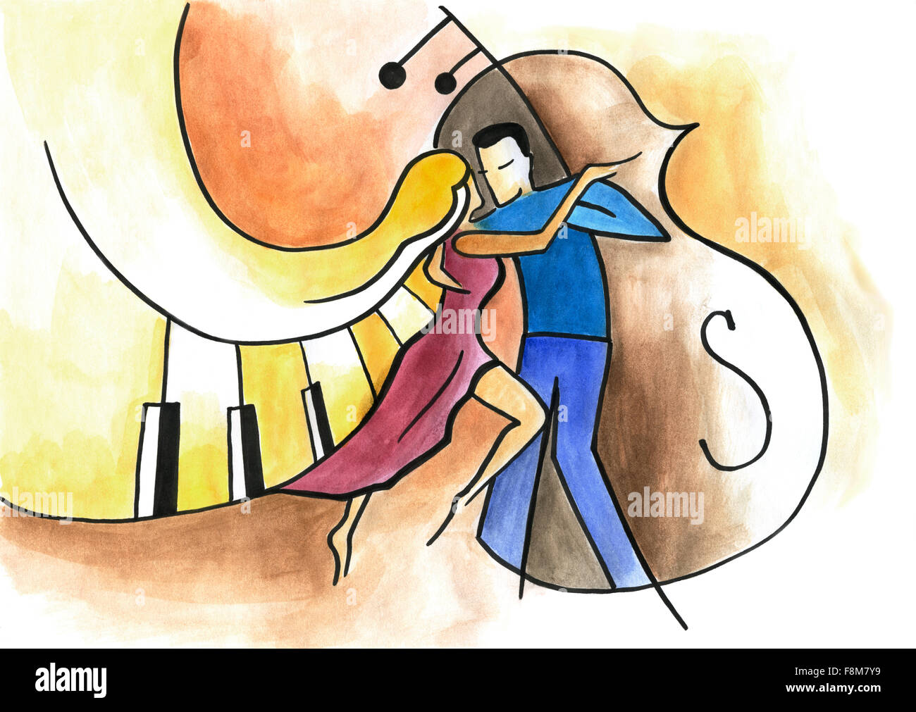 L'homme et de la femme dansant sur fond musical. Couple dansant avec piano et contrebasse. Banque D'Images